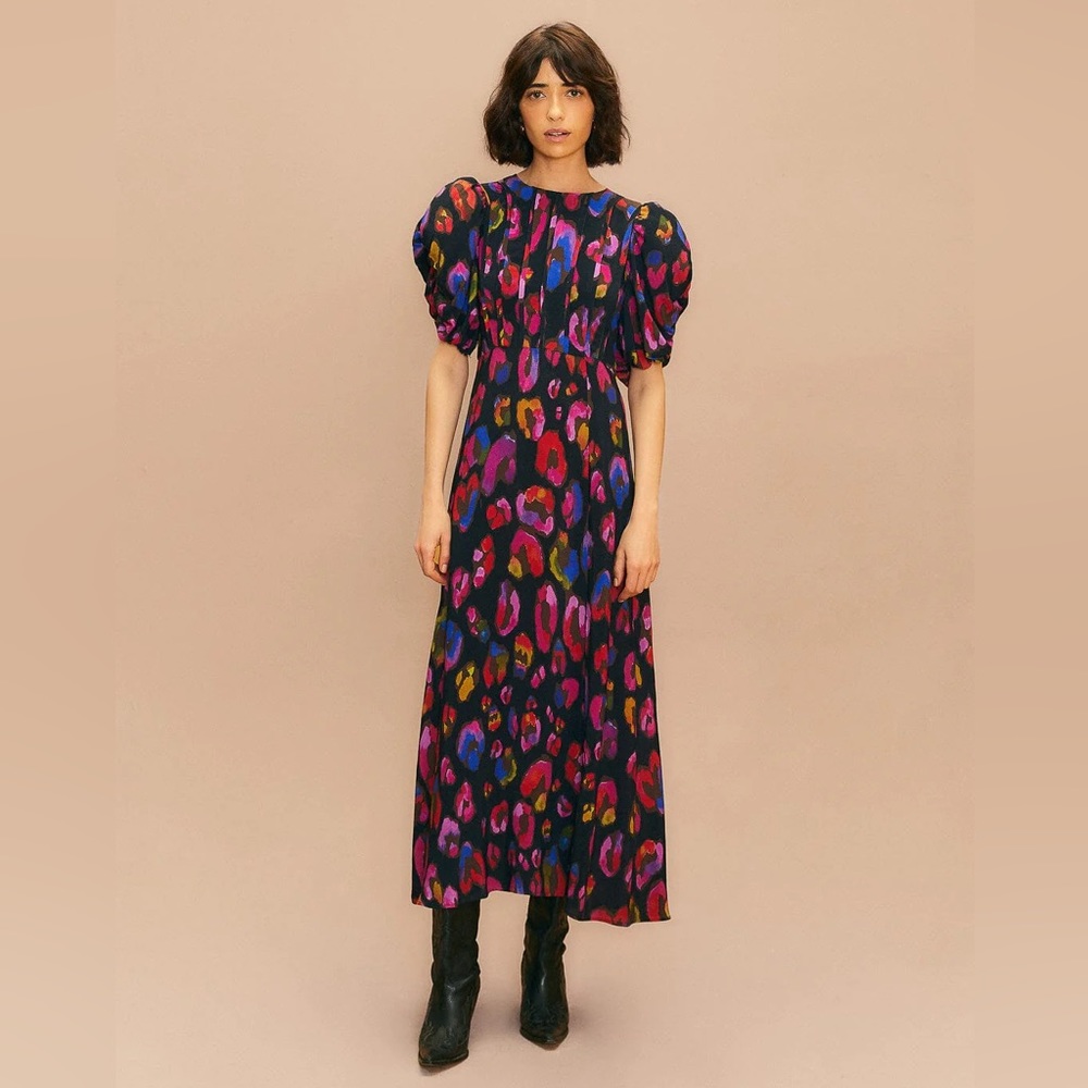Farm Rio Black Iridescent Leopards Slit Midi Dress